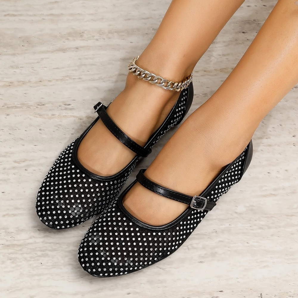 NWOT BERNESS FRIDA BLACK & Rhinestones Mesh Mary Jane Flats Sz. 8 - Picture 3 of 14